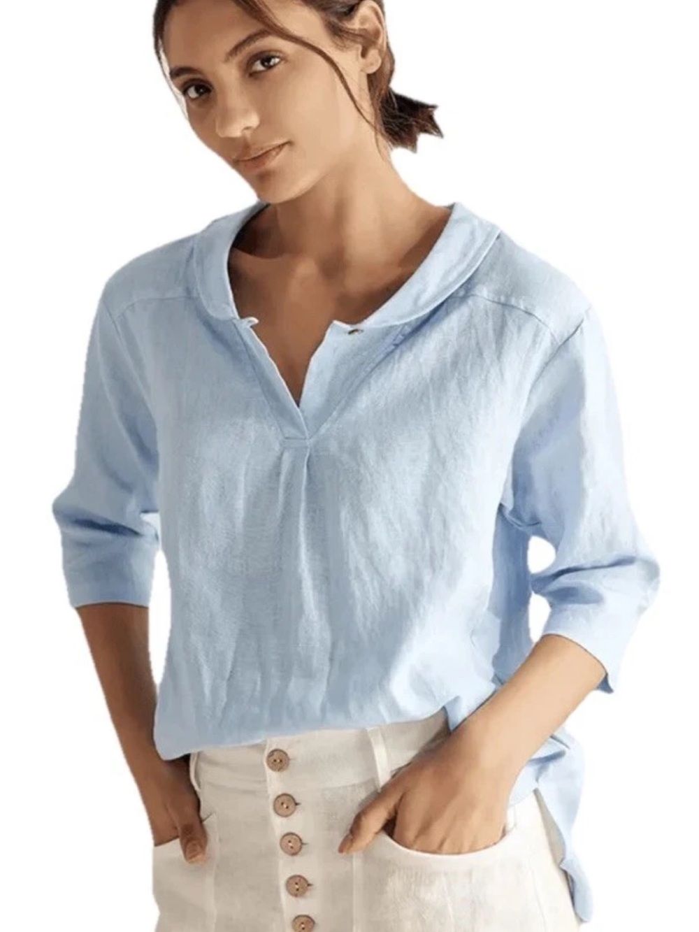NWT Lintico 100% Linen Shawl V-Neck Half Sleeve Top JADE Baby Blue Size Small - Picture 9 of 12